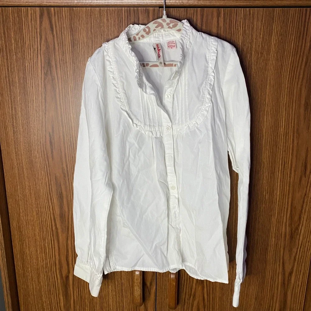 OshKosh B'gosh Ruffle Bib Shirt Kids Size 8 White Long Sleeve Cotton Blouse